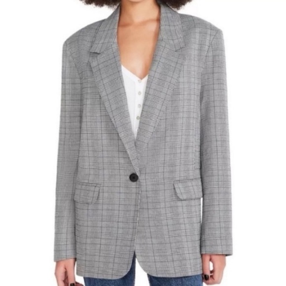 Steve Madden NWOT Plaid Blazer Padded Shoulders Black White Blue Loose Fit XL - Picture 1 of 13